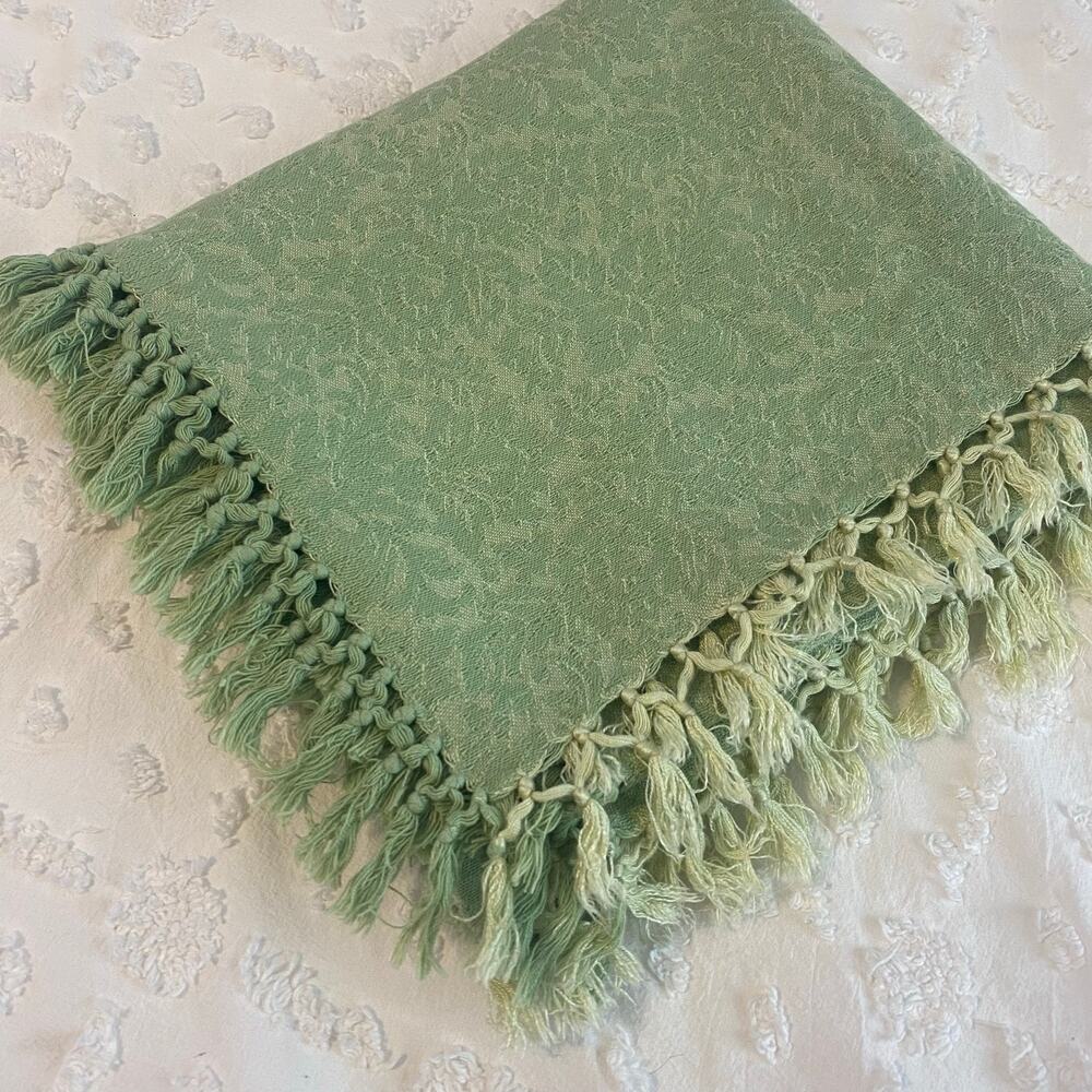 Vintage April Cornell Essentials Tablecloth Square Fringe Green 52x52" Cotton